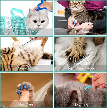 JULMELON Cat Washing Bag 10 PCS Set, Adjustable Cat Shower Net Bag and Pet Grooming Brush with Nail Clipper Nail File Hair Combs Tick Tool Nail Caps for Bathing Nail Trimming Examination（Grey+Green）