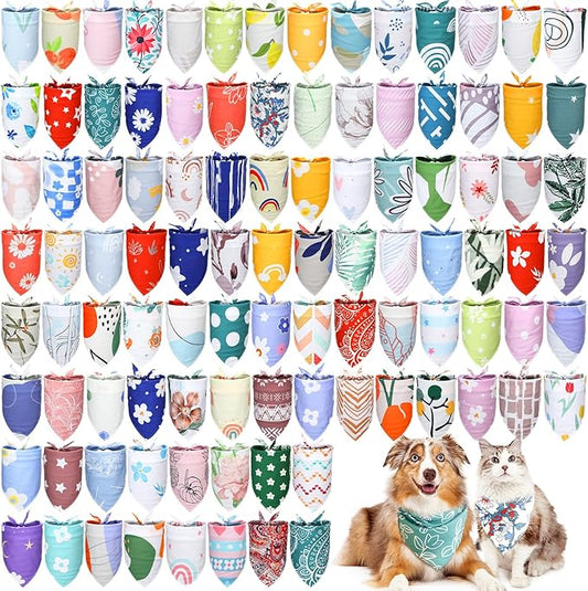 100 Pcs Boho Dog Bandanas Bulk Pet Bibs Colorful Triangle Scarf Boho Pet Bandanas for Medium Large Dogs Spring Summer Birthday Costume Decoration