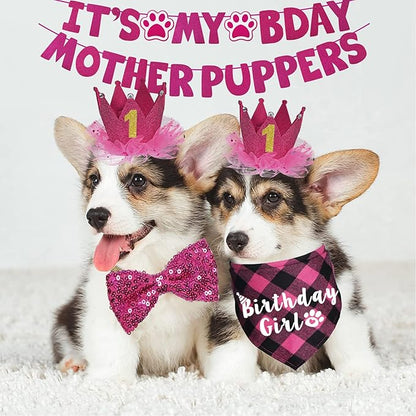 Dog Birthday Decorations, Multi Sizes Dog Birthday Bandana Girl Dog Birthday Hat Crown Bow Tie Birthday Numbers It’s My Bday Mother Puppers Sign Banner for Small Dogs Pets (Pink, Small)