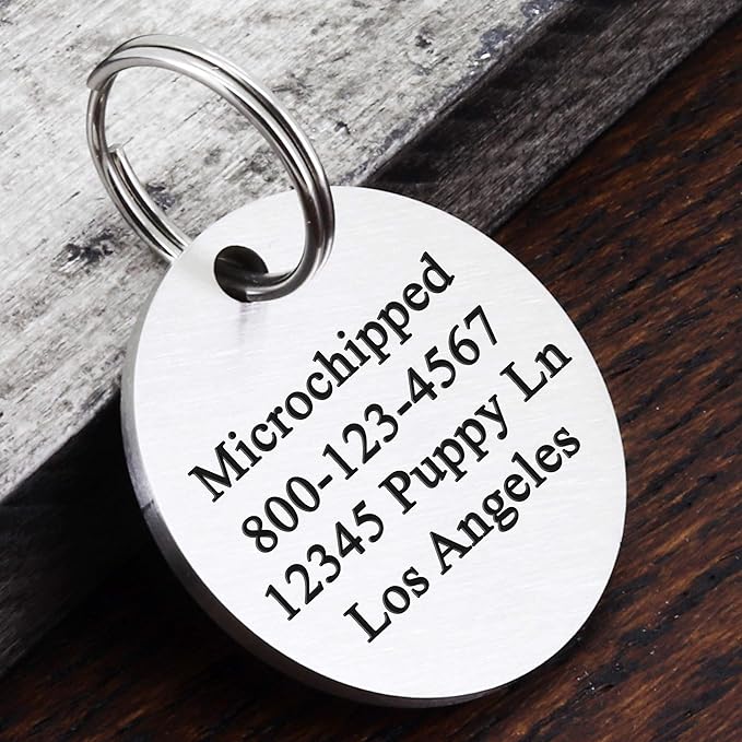 Ultra Joys Stainless Steel Pet ID Tag - Personalized Front and Back Engraving, Customized Dog and Cat Tags, Optional Engraved on Both Sides, Round Mountain on Bottom, Silver Large