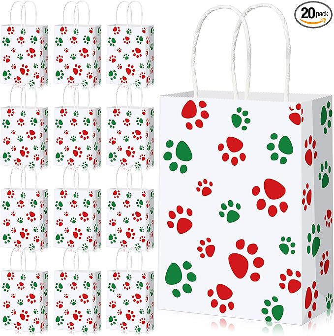 Blulu 20 Pcs Christmas Red Green Puppy Dog Paw Gift Bags with Paper Twist Handles, Dog Paper Gift Paw Treat Goodie Bags for Pet Treat Party Favor, 6.3 x 3.1 x 8.6 Inch
