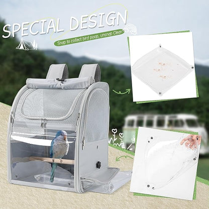 Sanmoncare Bird Carrier Backpack with 2 Adjustable Perches, Water-Repellent Parrot Travel Cage with Stainless Steel Tray, Breathable Pet Carrier for Cockatiels, Conures and Vet Visits