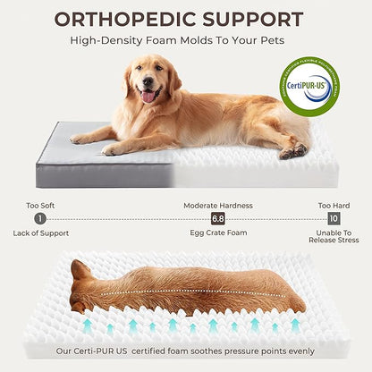 2-Pack XL Waterproof Dog Bed Large Size Dogs, Plush Cushion & Orthopedic Egg-Crate Foam Mattress for Senior Dogs, Washable Dog Crate Bed with Removable Cover, Light Grey
