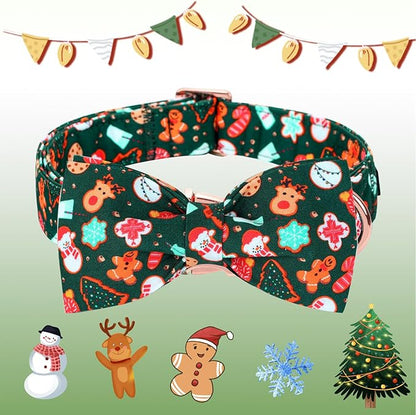 Christmas Dog Collar, Cute Winter Holiday Collars with Detachable Bowtie with Green Christmas Tree and Snowman Print Metal Buckle Collar Adjustable Sturdy Collars for Small Girl Boy Dogs