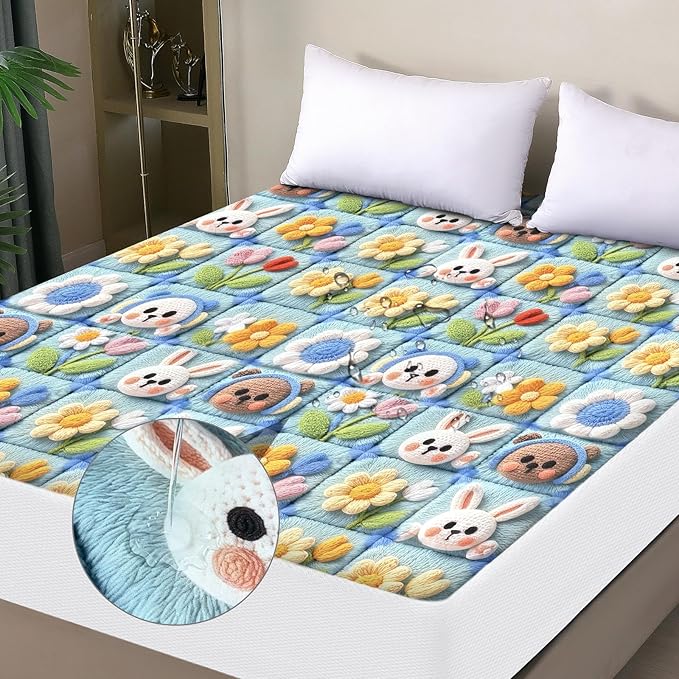 Waterproof Mattress Protector King, Fitted Sheet Style Breathable Mattress Cover with Deep Pocket Fits Up to 18'', Noiseless Bed Cover for Kids Adults Pets, Machine Washable (Squares, 76'' X 80'')