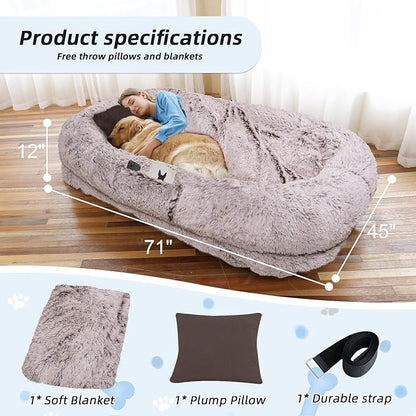 Human Dog Bed, 71''x45''x12'' Size Fits You and Pets, Washable Faux Fur Pet Bed for People Doze Off, Napping Orthopedic Dog Bed, Present Plump Pillow, Blanket, Strap - RustWhite
