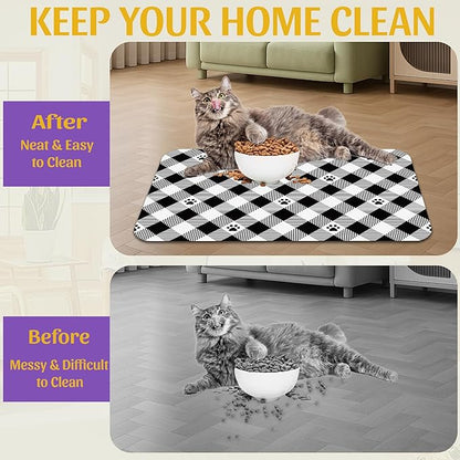 Cat Checked Plaid Dog Cat Food Mat, Absorbent Feeding Mat with Fast-Dry Surface, Rubber Backing for Messy Drinkers – 16x24 Inch