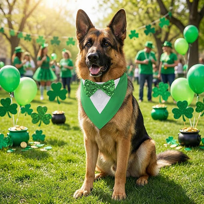 ADOGGYGO St.Patrick's Day Dog Tuxedo Bandana, Green Pet Tux Collar with Bowtie Adjustable St Patricks Costume for Large and Extra Large Dogs Pets (XL)