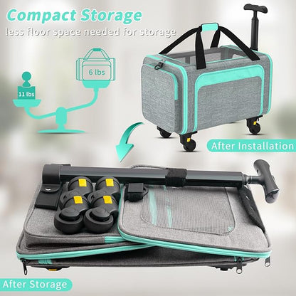 Rolling Pet Carrier with Detachable Wheels - 18x11x11 TSA Airline Approved for Southwest Delta United American, Soft Sided Expandable Travel Bag for Small Dogs & Cats up to 15Lbs, Fits Under Seat