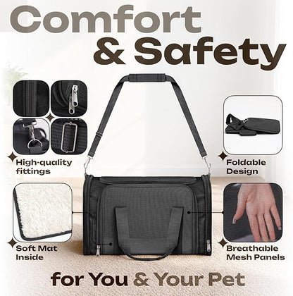 Airline Approved Medium Pet Carrier for Cats & Dogs – Foldable Dog Bag with Soft Mat, Breathable Mesh Windows, Travel-Ready Cat Carrier (Up to 15 lbs, Black)