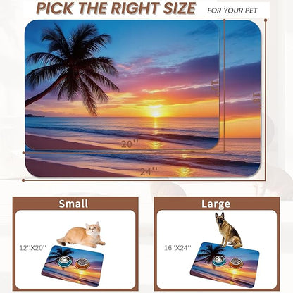 Tropical Palm Pet Feeding Mat,Sunset Trees Sea Beach Absorbent Quick-Dry Cat Dog Food and Water Bowl Mats, Non-Slip Rubber Backing Mat, Cat Dog Accessories Supplies 12"x20"