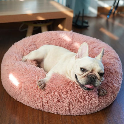 Calming Donut Dogs Beds for Small Dogs Washable,23inch Plush Round Pet Bed for Cozy Sleep,Fluffy Faux Fur Large Cat Bed,Fits up to 25 lbs Pets,Pink
