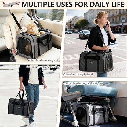 Cat Travel Carrier .Foldable Dog Carrier Bag, Soft Sided cat Carrier up to 20 Lbs,Pet Carrier Soft-Sided Escape Proof with 4 Ventilated Windows, Airline Approved Cat Carrier (Grey)