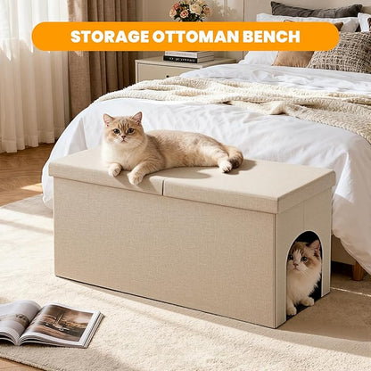 3-in-1 Cat Litter Box Enclosure with Odor Control, Multi-Functional Hidden Litter Box Furniture Bench, Dog Proof, Space-Saving Ottoman Cabinet with Flip-Up Lid, Storage Footrest, Beige