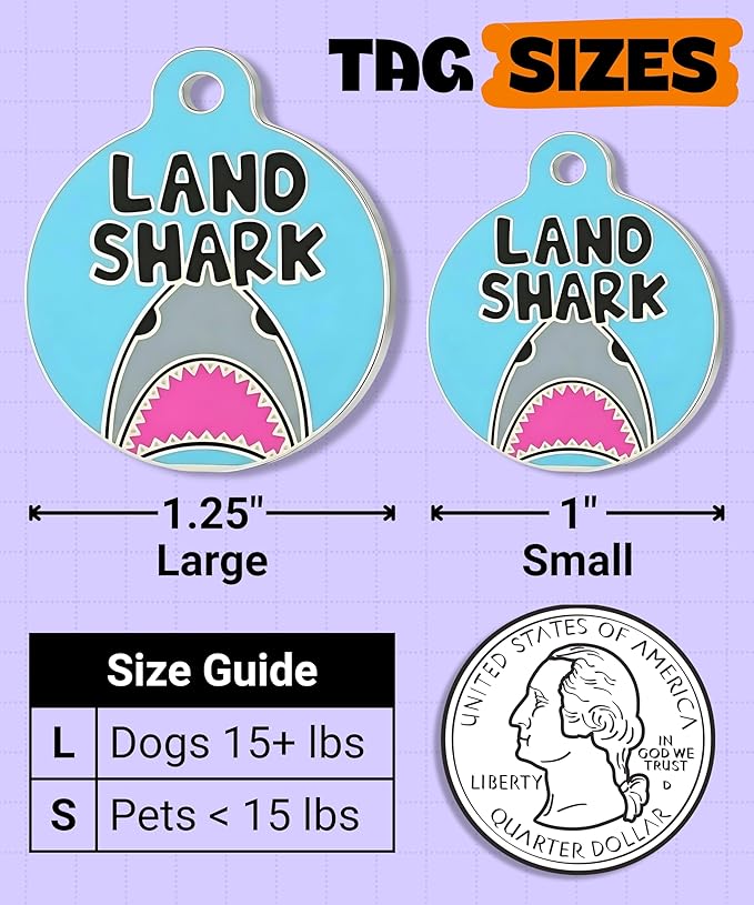 Bad Tags Personalized Dog and Cat ID Tags in 25+ Designs and 2 Sizes - 5 Lines of Custom Engraved Text - Funny Cute Personalized Pet Tags (Land Shark, Small (1 inch))