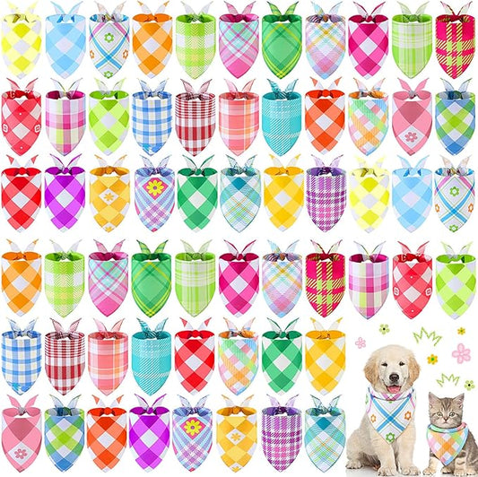 Sweetude 60 Pcs Spring Plaid Dog Bandanas Bulk Spring Pet Scarf Bibs Adjustable Washable Kerchief Seasonal Pet Costume Accessories Grooming Supplies for Small to Large Cats Dogs