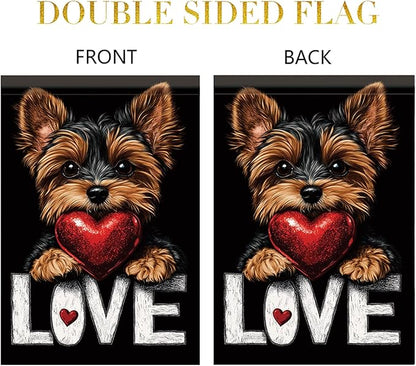 Cute Kasha Dog Garden Flag Holding Red Heart Love Sign Double Sided Yard Banner 12x18 Inch Romantic Outdoor Decoration for Lawn Patio Dog Lover Gift Valentine Anniversary Seasonal Flag