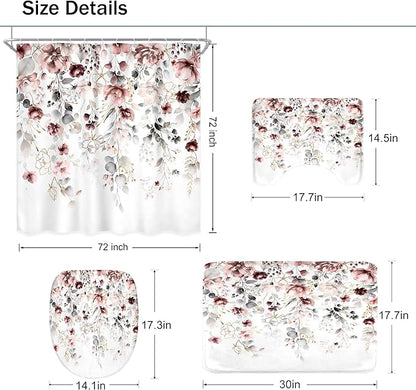 4 PCS Pink Floral Flower Shower Curtain Set 72Wx72H Inch Watercolor Pastel Plant Complete Bathroom Set Non-Slip Bath Rug Toilet Lid Cover and U Shape Mat Accessories 12 Hooks Bathoom Decor