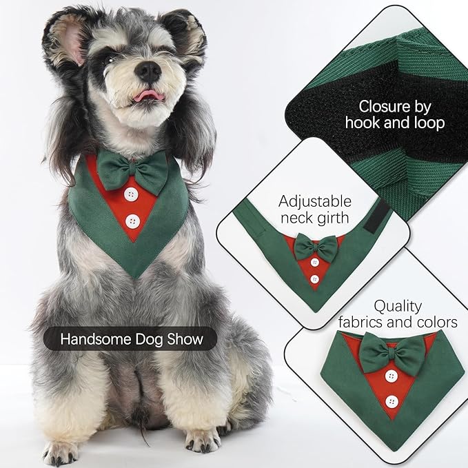 FUAMEY Dog Tuxedo Christmas for Large Dogs,Dog Formal Suit Dogs Attire Pet Bow Tie Puppy Party Costumes Cat Tux Outfits Pets Bandana Cosplay Adjustable Bowties Christmas Green Red XL