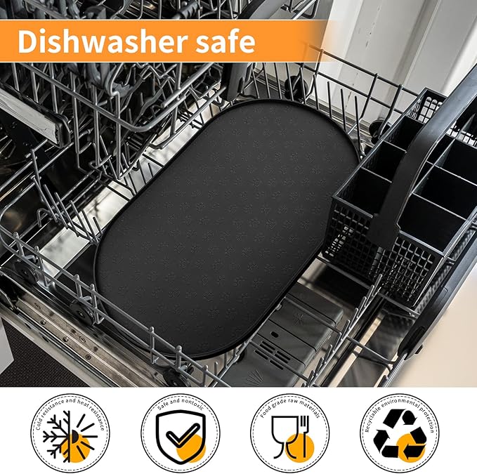 KPWACD Pet Feeding Mat for Dogs and Cats, Silicone Dog Placemat Non-Slip Waterproof Bowl Mats Prevent Food and Water Overflow, High-Lips Puppy Dish Tray Mat Suitable for Large Medium Small Pets, Black