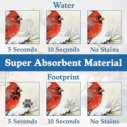 Cardinal Bird Dog Food Mat–Chirstmas Snow Absorbent Quick Dry Feeding Placemat for Food and Water Bowls, Non Slip Rubber Backing, Waterproof Pet Supplies for Mess-Free Eating 16"x24"