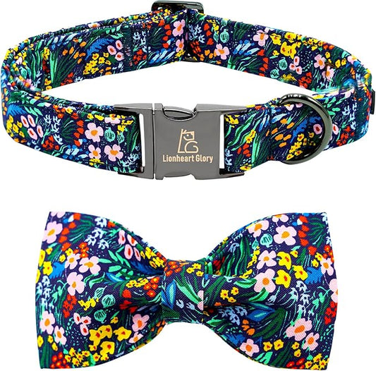 Lionheart glory Dog Collar Darkblue Flower Dog Bow Collars Floral Dog Collar with Bow Male or Female Spring Fall Pet Gift Durable Adjustable Dog Collar for Large Dogs