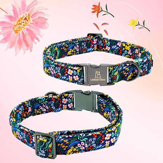 Lionheart Glory Darkblue Flower Dog Collar - Floral Bow for Male or Female, Spring Fall Pet Gift, Durable Adjustable for Small Dogs