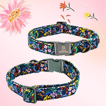 Lionheart Glory Darkblue Flower Dog Collar - Floral Bow for Male or Female, Spring Fall Pet Gift, Durable Adjustable for Small Dogs
