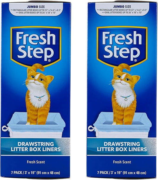 Fresh Step Jumbo Drawstring Cat Litter Box Liners, Scented Heavy Duty Kitty Litter Bags for X-Large Oval or Rectangle Pans, Helps Contain Mess for Easy Lift Out Cleanup, 36 x 19 in, 7 Count - 2 Pack