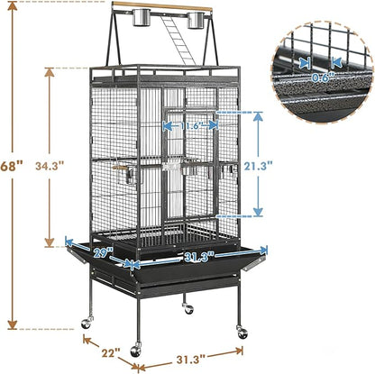 SUPER DEAL 68-inch Large Bird Cage with Rolling Stand African Grey Parrot Chinchilla Finch Cage Conure Cockatiel Cockatoo Pet House Wrought Iron Birdcage, Black