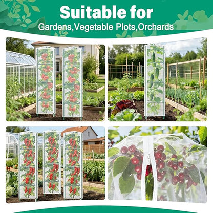 3 Pack Garden Bird Netting Plant Cover for Triangle Tomato Cage, 48"x13" Insect Bird Barrier Tomato Cage Net with Zipper & Drawstring, Tomato Trellis Netting Protection Cover for Protecting Plants