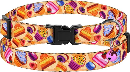 4PCS Breakaway Cat Collars with Bell - Cute Soft Adjustable Safety Kitten Collars 4-Pack - Nylon Pet Collars Nature Tribal Striped Floral Space Aztec Flowers Print (Travel & Cookies)
