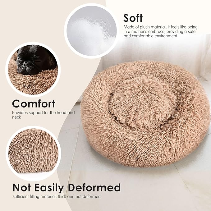 28in Large Dog Bed, Medium Size Dog and Cats, Calming Donut Bed for Puppy and Kitten, Washable Round Fluffy Pet Bed (Camel)