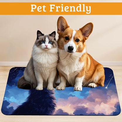 Cat Dog Food Mat,Starry Night Absorbent Pet Feeding Mat for Food and Water Bowl,Quick Dry Dog Placemat Non Slip Rubber Backing Waterproof Pet Supplies 12" x 20"