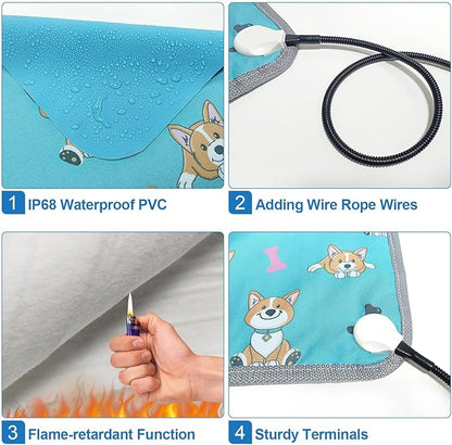 Large Dog Heating Pad 34x21in with Smart Thermostat Switch and Power Line Protection Tube,Obtained MET and UL Dual Certification,Waterproof Pet Pad, Suitable for Dogs of All Ages-Blue