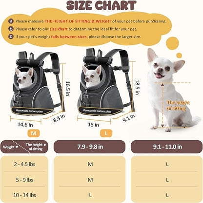 WOYYHO Pet Dog Carrier Backpack with Top and Side Windows, Small Dog Front Backpack Ventilated Dog Back Pack with Safety Belt for Travel Hiking Outdoor Adventures (Size L: 10-14 lbs, Black 2.0)