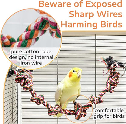 Bird Rope Perch & Swing Toy, Sturdy Knotted Parrot Cotton Rope with Chains, Parakeet Swing Perch Bird Cage Accessories Toy, No Sharp Wires for Budgie Cockatiel Safe Claw and Balance Training