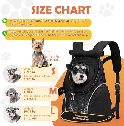 WOYYHO Pet Dog Carrier Backpack with Top and Side Windows, Small Dog Front Backpack Ventilated Mesh Dog Back Pack with Safety Belt for Travel Hiking Outdoor Adventures (Size L: 10-14 lbs, Black 2.0)