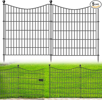5 Panels Decorative Garden Fence with Gate, 32 in(H) X 12 ft(L) No Dig Dog Fence Animal Barrier Outdoor for Yard, Rustproof Metal Garden Edging and Borders, Temporary Fencing Stakes