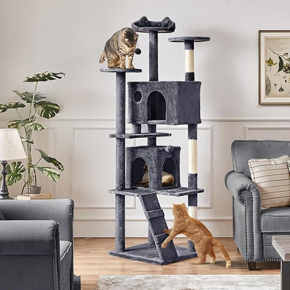 Yaheetech XL Cat Tree, 80in Multi-Level Tower With Scratching Posts, Double Caves, Perched Platforms and Dangling Balls, Stand House for Kittens Pet, Dark Gray