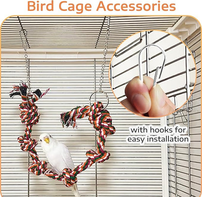 Bird Rope Perch & Swing Toy, Sturdy Knotted Parrot Cotton Rope with Chains, Parakeet Swing Perch Bird Cage Accessories Toy, No Sharp Wires for Budgie Cockatiel Safe Claw and Balance Training