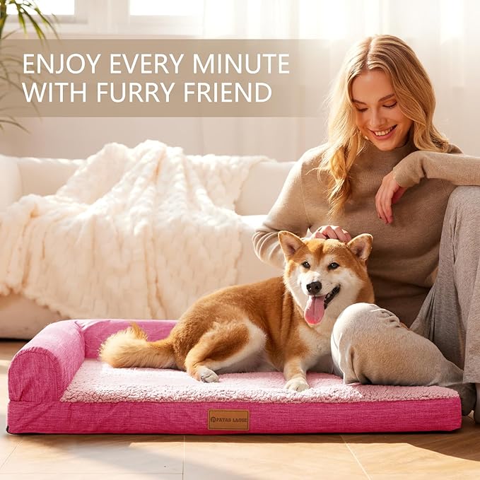 Patas Lague Orthopedic Dog Bed Medium Size Dog 30''X20'', Waterproof L Bolster Medium Pet Sofa Beds with Removable Washable Cover, Soft Comfortable Pet Couch Crate Mat with Nonskid Bottom, Pink
