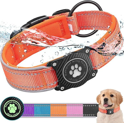 Airtag Dog Collar with Waterproof Air Tag Holder, Luminous Reflective, Soft Padded, Adjustable Nylon Pet Collar for Small Medium Large Heavy Duty Dogs,Orange, S