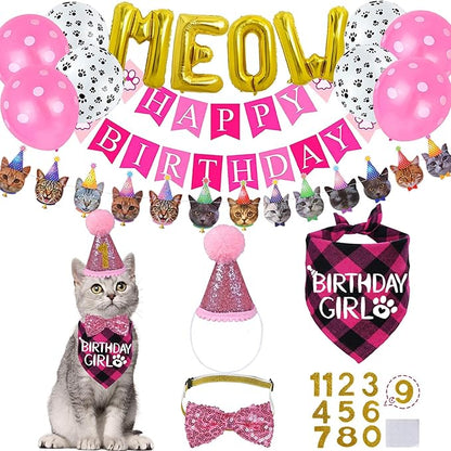 STMK Cat Birthday Party Supplies - Hat, Bandana, Bow Tie, Collar, Banner, Garland, Meow Letter Balloons, Kitten Outfits - Pink