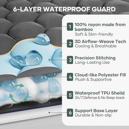OhGeni 100% Waterproof Mattress Protector, Queen-Gray Size Mattress Pad, Fits 6"-20" Mattresses with Deep Pocket, Cooling, Breathable Fitted Sheets, Soft Bed Cover, Noiseless, Machine Washable