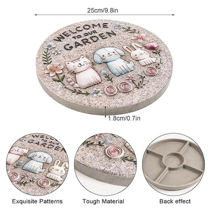 Garden Stepping Stones Outdoor, 9.8" Resin Pet Cat Dog Bunny Stepping Stone for Walkway Gardening Gifts, Spring Decorative Round Welcome to Our Garden Home Decor for Outside Yard Patio Lawn