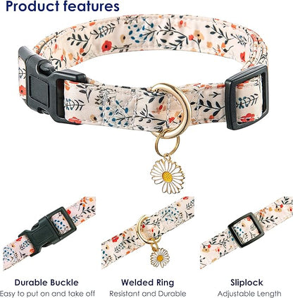 Cute Dog Collar Beige Flower Pattern for Boys and Girls Holiday Dog Collars Summer Fall Gift Adjustable for Medium to X-Large Breed Dogs (L)