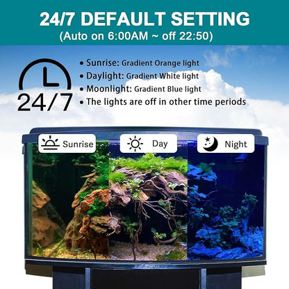 hygger 24/7 Mode Submersible Aquarium LED Light, Full Spectrum Hidden Fish Tank Light with 3 Rows Beads 7 Colors Auto On Off Sunrise-Daylight-Moonlight, Adjustable Timer Brightness 12W