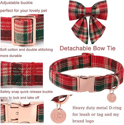 Christmas Plaid Dog Collar with Bow Tie– Adjustable Red & Green Checkered Dog Collar for Small Medium Large Dogs, Soft Xmas Plaid Puppy Collars with Quick Release Buckle M