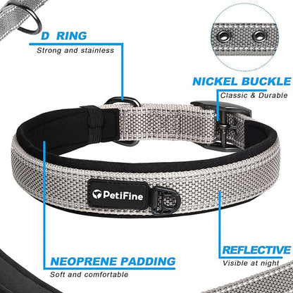 PetiFine Dog Collars for Medium Dogs, Neoprene Padded and Adjustable, Reflective Wide Heavy Duty Pet Collars with Durable Metal Belt Buckle for Walking, Grey, M
